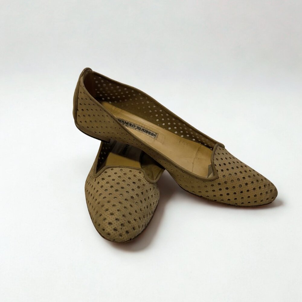Manolo Blahnik Brown Polka Dot Mesh Leather Flats Size 7